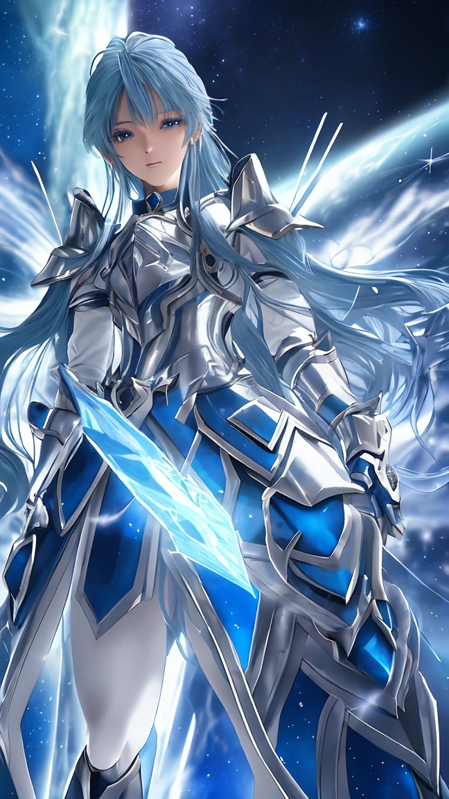 Anime character with blue hair and armor in space with stars, knights of zodiac girl, portrait knights of zodiac girl, Saint Seiya, in opal armor, Armor reflected in the color of sliver ice, inspired by Matsumura Goshun, ice blue and silver armor , pale blue armor, wearing shining armor, clothed in ethereal battle armor,covered in full silver armor