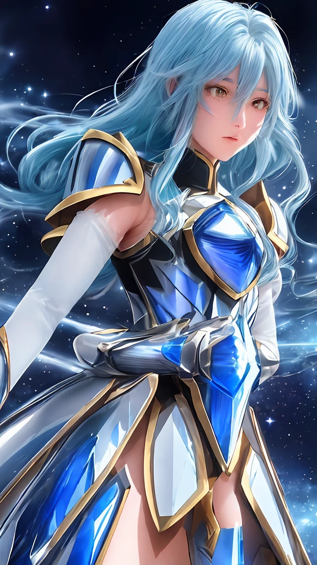 Anime character with blue hair and armor in space with stars - SeaArt AI