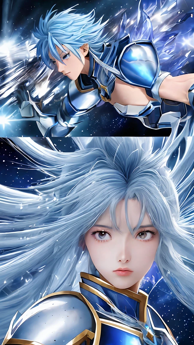Anime character with blue hair and armor in space with stars, knights of zodiac girl, portrait knights of zodiac girl, Saint Seiya, in opal armor, Armor reflected in the color of sliver ice, inspired by Matsumura Goshun, ice blue and silver armor , pale blue armor, wearing shining armor, clothed in ethereal battle armor,covered in full silver armor