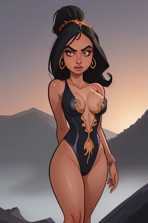 ((Obra de arte), melhor qualidade, alta qualidade, qualidade profissional, altamente detalhado, high resolution, perfect lighting, natural lighting), style of joe maduereira,Estilo de quadrinhos,dskyart1, Sendo compactado ou expandido, one piece swimsuit, Heiress, curto, afinar, Rosto triangular, Pele clara, cabelo castanho escuro, amber eyes, nariz estreito, fleshy lips, Queixo proeminente, Hair to the shoulders, cabelo ondulado, Updo formal, asymmetrical breasts, Brincos pendurados, batom mancha lavanda, Dripping liquid cascades, Vale enevoado do rio,visionary, state-of-the-art laboratory, A volcanic planet with constant eruptions and rivers of lava, providing abundant geothermal energy to its inhabitants., Post-apocalyptic desert, Vampiro