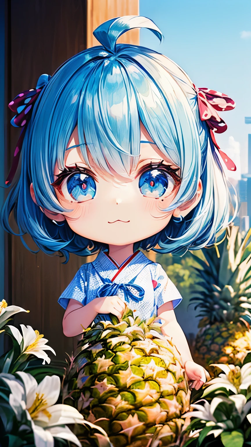 (Chibi animation、Different world、Drawn with crayons:1.3)、(Ultra-detailed,highest quality, masterpiece,High resolution、Disorganized、Perfect Anatomy:1.3),(Chibi Body、Small face、Cute all over、Light blue hair color, Short chignon hair:1.4),(eye shadow, Eyeliner:1.2),(Highly detailed eyes、Light blue eyes、The space between the eyes is narrow、Soft breast swelling、Gloss Lip、blush、Very sharp outline、 :3, Ahoge, Symbol-shaped pupil、Very thin legs)、(Flowers that bloom in summer、Big fresh pineapple:1.4),(Great cityscape、Miracle Morning:1.3)、(Healthful、Cute short uniform、Polka dot pattern、Cute ribbon:1.5),(Japanese architecture,Eyes Wide Open:1.3)