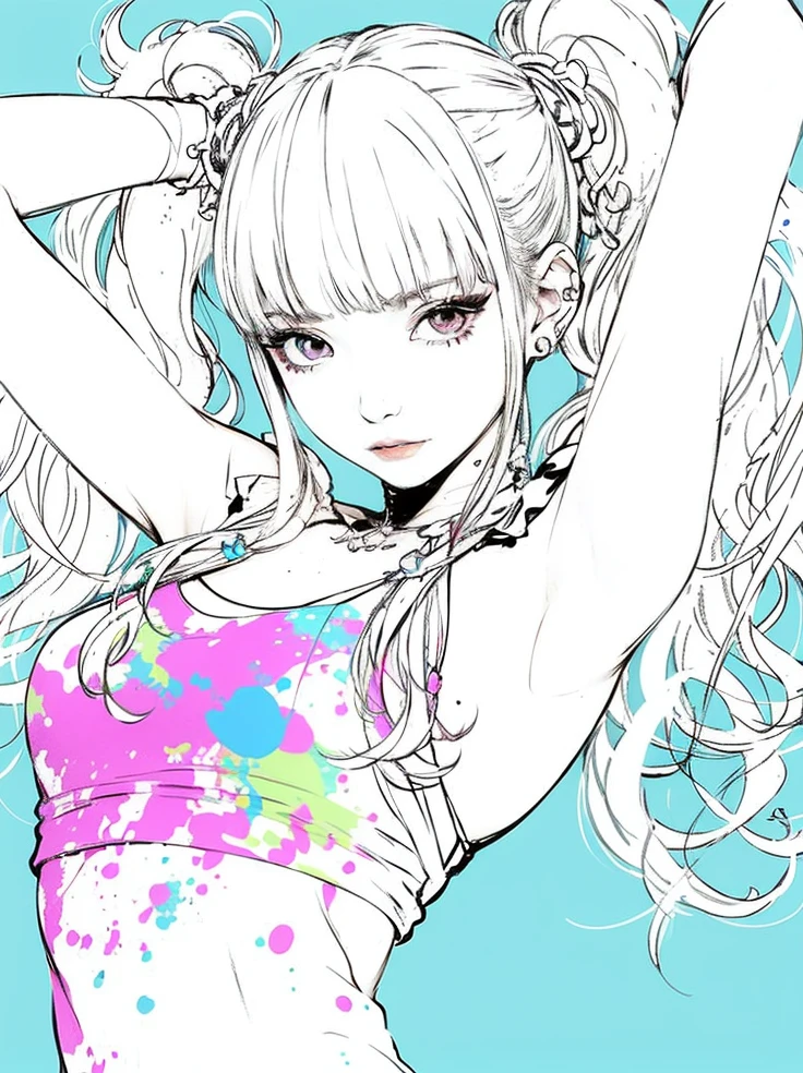 masterpiece, ultra detailed, hyper detailed, insanely detailed, detailed, high quality, best quality, exquisite, beautiful, woman, shy, wink, making a V sign, looking at viewer, black hair, big eyes, slant eyes, wide-eyed, heterochromia, with heart-shaped pupils, wheatish skin, skirt, choker, with a tattoo, piercing, beauty mark, freckles, blush, nail polish, long hair, twintail, very long hair, long hair, twintails, spiked hair, flipped hair, ahoge, shiny hair, wavy hair