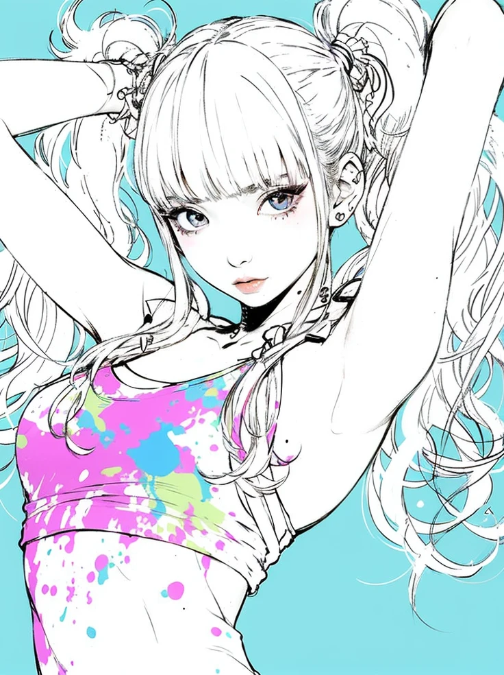 masterpiece, ultra detailed, hyper detailed, insanely detailed, detailed, high quality, best quality, exquisite, beautiful, woman, shy, wink, making a V sign, looking at viewer, black hair, big eyes, slant eyes, wide-eyed, heterochromia, with heart-shaped pupils, wheatish skin, skirt, choker, with a tattoo, piercing, beauty mark, freckles, blush, nail polish, long hair, twintail, very long hair, long hair, twintails, spiked hair, flipped hair, ahoge, shiny hair, wavy hair