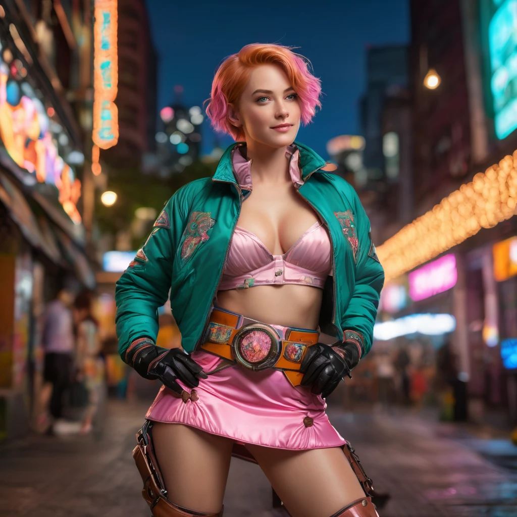 Depraved topless girl,cowboy shot, beautiful nora_valkyrie, looking at viewer, smile, short hair, blue eyes,heart cutout, gloves, jacket, pink skirt, pink belt, short sleeves, puffy sleeves, single armband, fingerless gloves, orange hair, pink gloves, dynamic pose, night, outdoors, city, (volumetric lighting), best quality, masterpiece, intricate details, tonemapping, sharp focus, hyper detailed, trending on Artstation, green thong