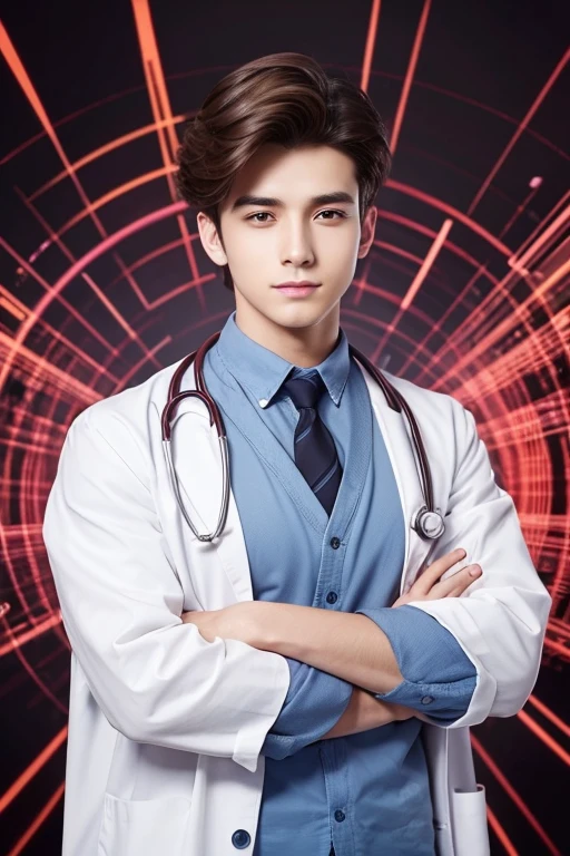Doctor　Attractive young man　Hairstyle is center part　Fantastic Background