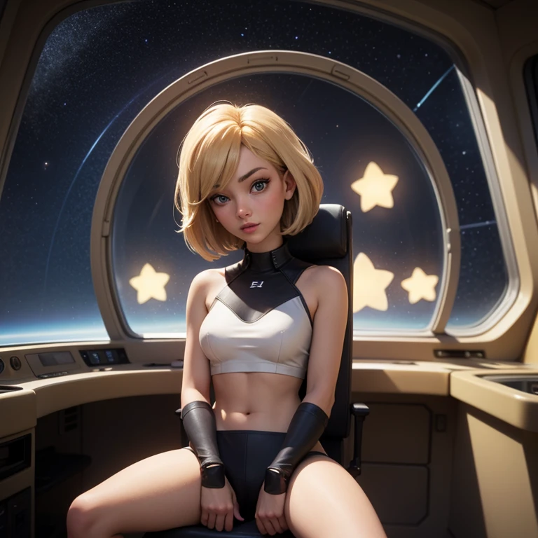 A blond young sexy woman with short hair and hot clothes sits on a seat in a spaceship and the window can show beautiful stars,futurama style