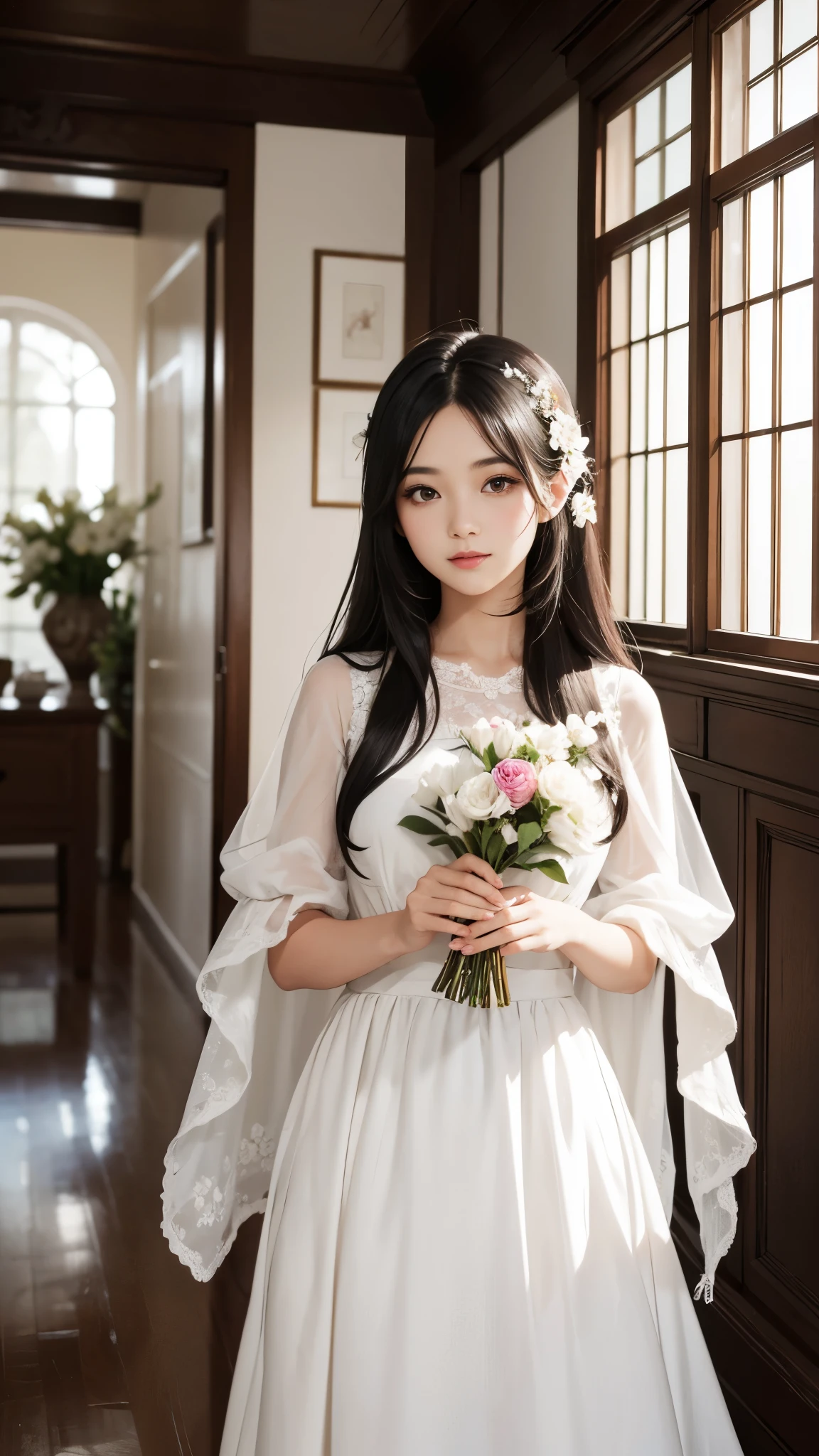 Beautiful black-haired girl with brown eyes and long hair in white dress with elegant flowers in an old house photo shoot 