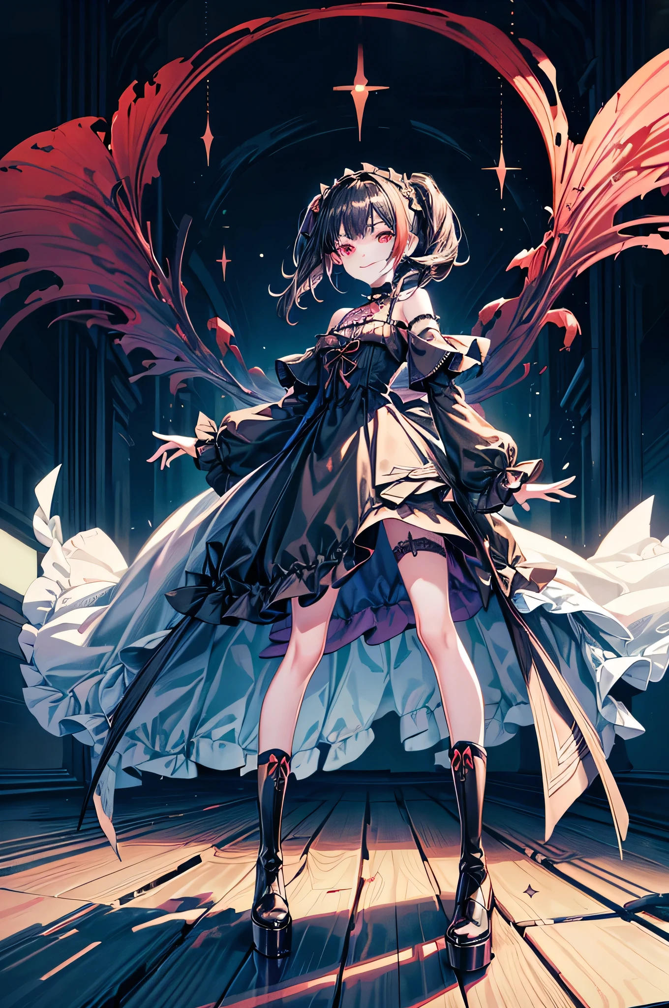[(cathedral background:1.4)::5],Original,(Illustration:1.1),(Best Quality),(masutepiece:1.1),(the Extremely Detailed CG Unity 8K Wallpapers:1.1), (Colorful:0.9),(mid-shot:0.95),(Full body:1.5),Dynamic Angle,(Solo:1.2), (girl),((Adult)), (Detailed beautiful eyes:1.15), (Beautiful face:1.15), (Glowing red eyes:1.25////),((dark blue long hair)),(Blunt bangs),(low twintails),(+perfect hand+:1.21),(Draw an illustration of a gothic girl),(Religious),(slender),(she has boots on her feet),((Wearing a black dress)),(Furious), Lace Off Shoulder Lolita Fashion,Beautiful slender woman,((Evil smile)),Dark blue short hair,Dark blue short hair,Laugh,