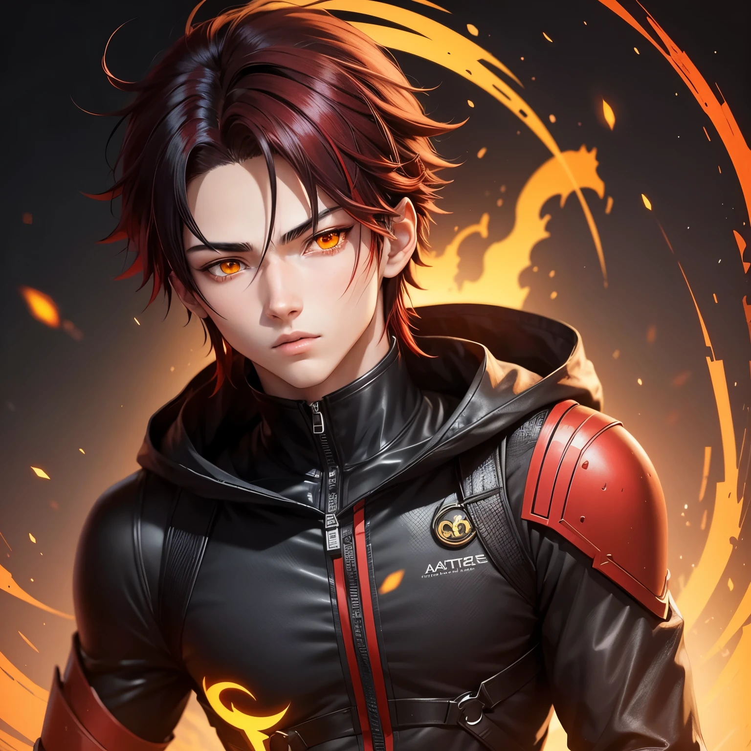anime avatar, 16 years old, boy, black and red hair, glowing yellow eyes, skinny, stunning anime face portrait, detailed anime soft face, anime style
