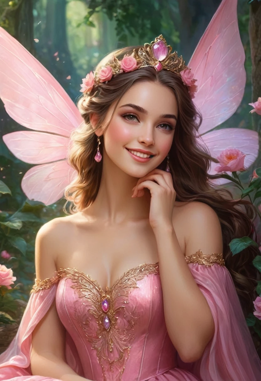 a hermosa hada girl in a pink dress and tiable, vestido rojo,hermosa hada, hermosa hada adulta, hermosa hada, hermosa hadas, hada magnifica, beautiful fantasy art, retrato de un hada, retrato de hada, very beautiful fantasy art, Hada morena, hermosa hada del libro para adultos, princesa de hadas, amazing fantasy art, fairy aesthetic, sonriendo como una reina de hadas