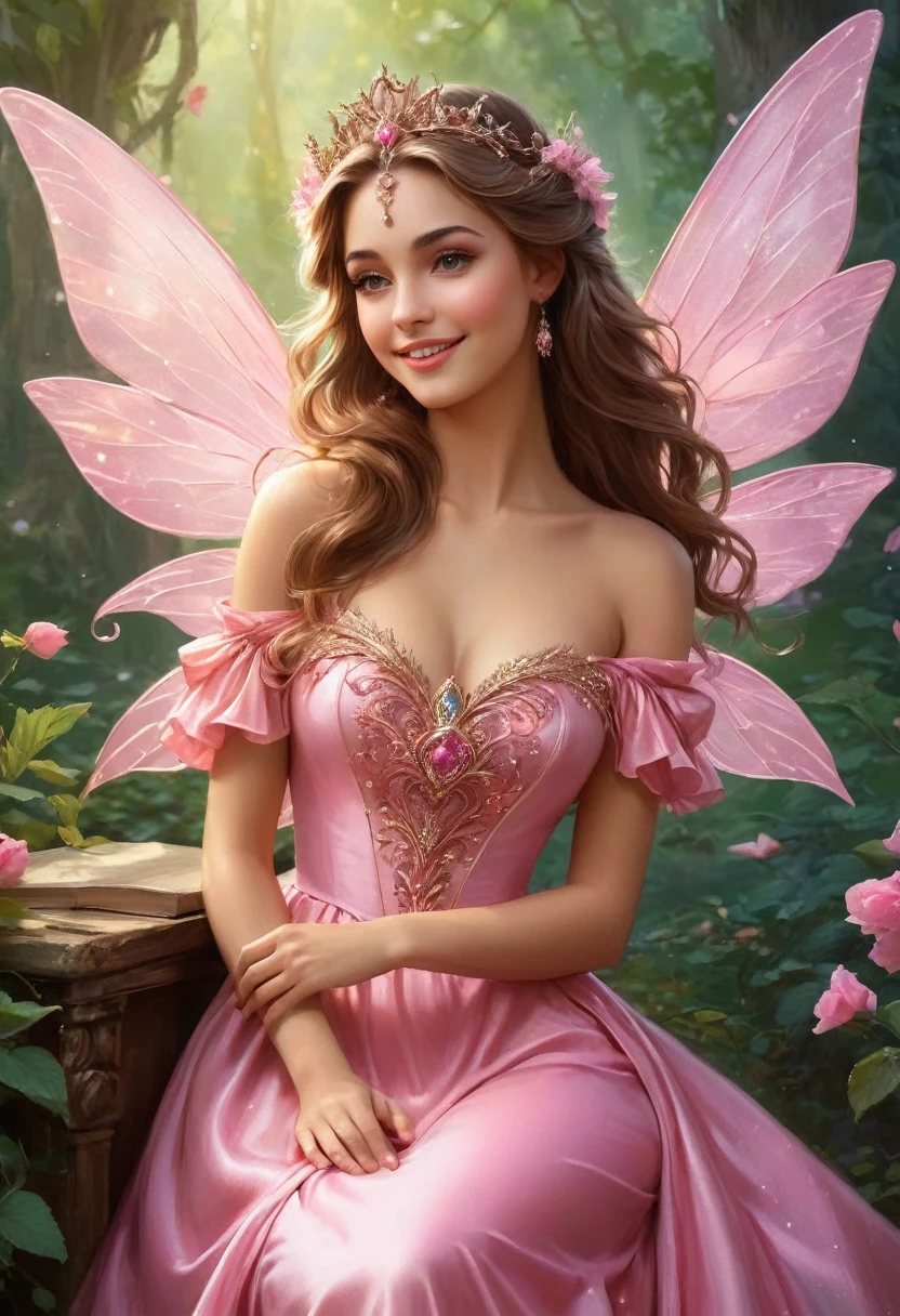 a hermosa hada woman in a pink dress and tiable, an airbrush painting by Anne Stokes, ganador del concurso cgsociety, fantasy art, hermosa hada, hermosa hada adulta, hermosa hada, hermosa hadas, hada magnifica, beautiful fantasy art, retrato de un hada, retrato de hada, very beautiful fantasy art, Hada morena, hermosa hada del libro para adultos, princesa de hadas
