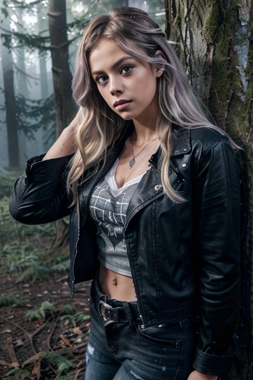 Gage Golightly, Erica Reyes, Teen Wolf, 18 years old, long messy blonde hair, green eyes, purple blouse, open black jean jacket, black jeans, black combat boots. silver pendant, white wolf print. Forest background with fog aura around black color.