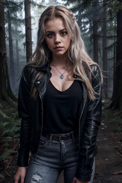 Gage Golightly, Erica Reyes, Wolf, 18 years old, long messy blonde hair, green eyes, purple blouse, open black jean jacket, black jeans, black combat boots. silver pendant, white wolf print. Forest background with fog aura around black color.