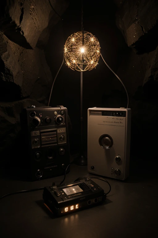 Cassette audio inscrit dessus en noir 'Projet Chaos' sur une étagère dans une cave occulte avec lumière peu éclairable avec des toiles d'araignée partout dessus 