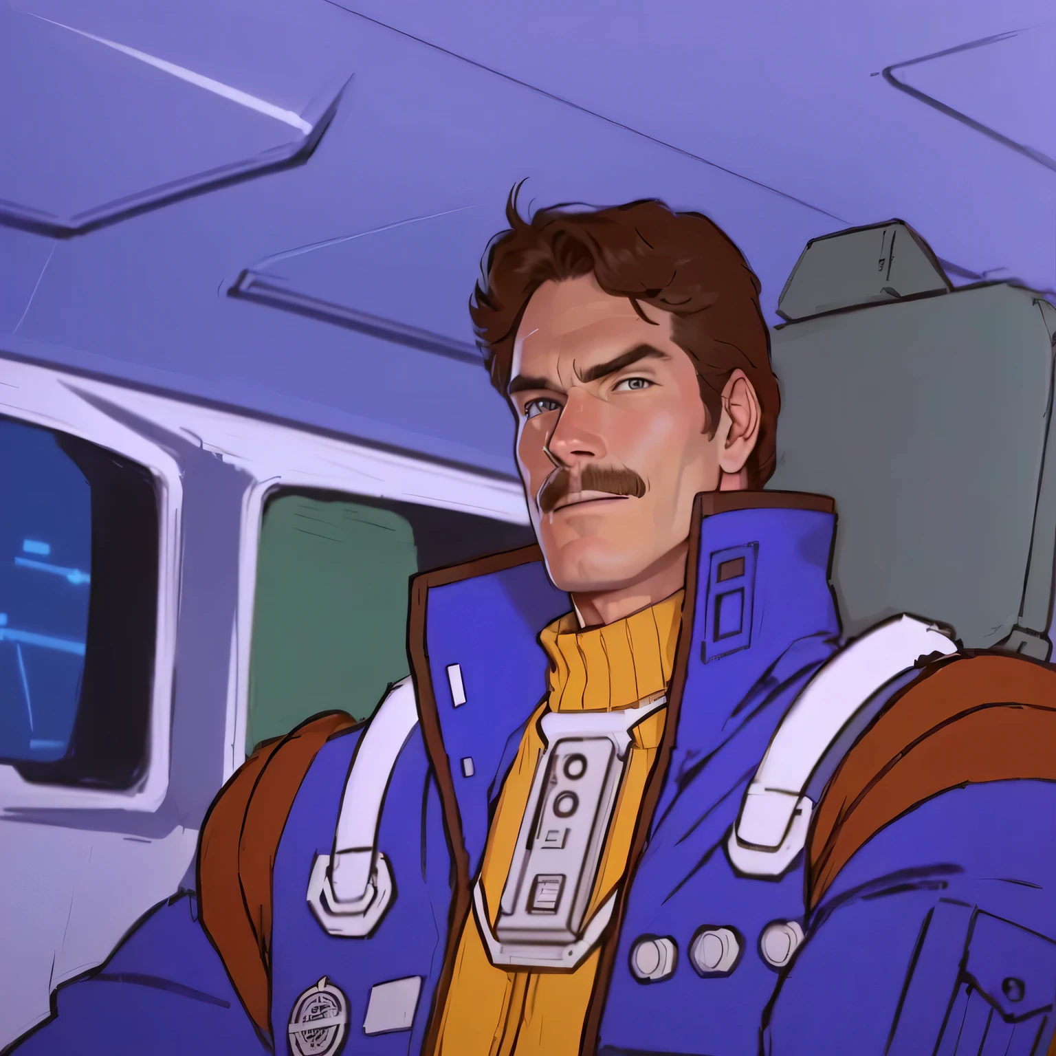 a close up of a cartoon character in a blue jacket, 80\'s anime world, han solo as big boss, 1 9 8 0 s cgi, col price, moebius aesthetic, 8 0 s cartoon, drdisrespect as a Transformers cartoon human counterpart