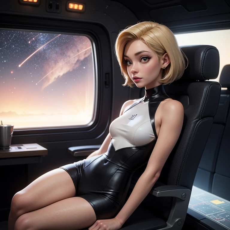 A blond young sexy woman with short hair and hot clothes sits on a seat in a spaceship and the window can show beautiful stars,futurama style