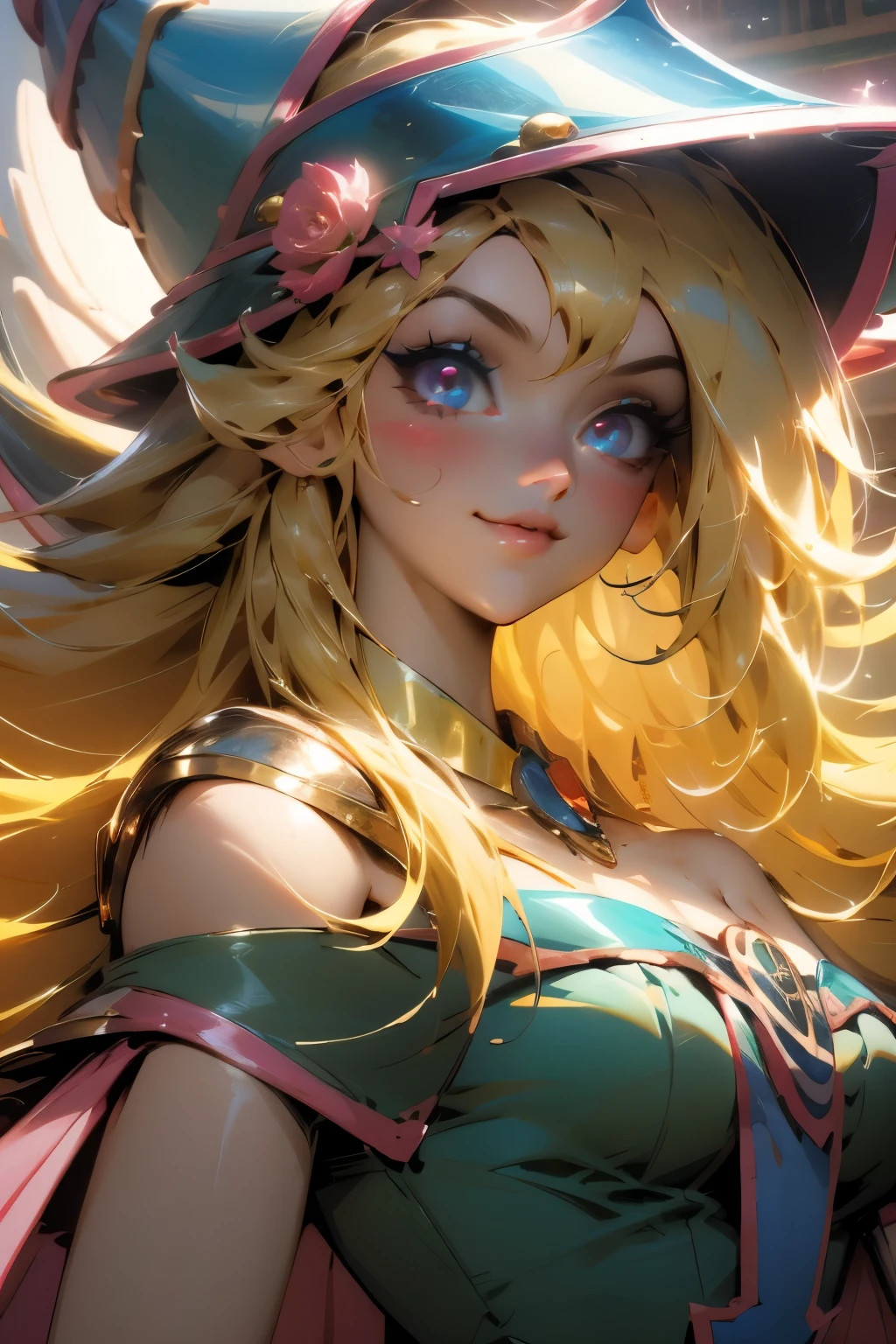 Hermoso rostro de dark magician gils, ojos azules. Labios rosados. Cabello rubio y largo. Ombros descubiertos, sonrisa angelical, hermoso rostro bien detallados de dark magician gils. Ropas transparentes. You can see her nipples through her clothes