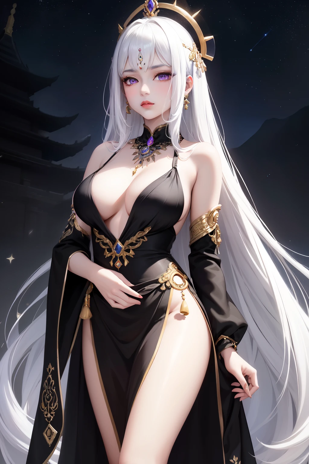 moon temple (masterpiece, best quality)
at the heart of a sacred temple under a night scene illuminated by a starry sky,
a solitary girl adorned in a lunar temple's heavenly indian dress
graces the scene with her long, white hair and striking purple eyes.
The pale skin of her sensual figure glows softly under the moonlight,
her black Indian dress featuring delicate silver details accentuating her bare shoulders.
Long black sleeves flow gracefully, adorned with silver jewelry and ornaments,
whilst her lips are gently coated with lip gloss.
Possessing a beautiful Asian face with a calm expression,
she