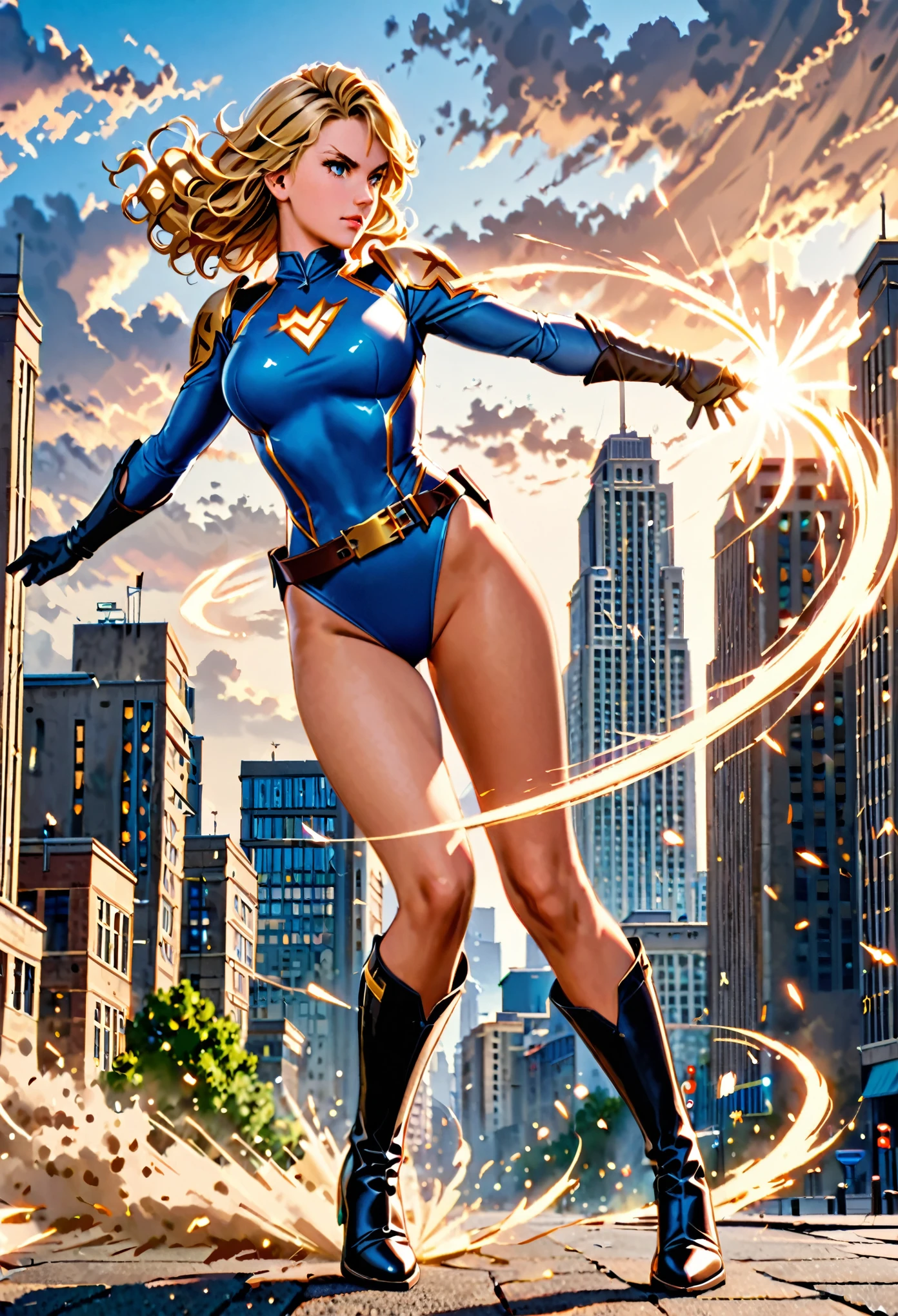 1girl, medium breasts, ((leotard, highleg leotard, light blue leotard)), (lighting bolt emblem on chest), bare legs, ((belt, tight belt)), boots, matching boots, gloves, city backdrop, solo, single, standing, full body shot, cowboy shot, superhero, beautiful detailed eyes, power, ((blonde hair, short hair, wavy hair)), high school backdrop, outdoors, mature lady, teacher, spins fast in place like a tornado, wind swirls, rapid gyration, girl tornado spinning, girl turning to a whirlwind, outstretched arms, perfect body, good proportions, ((only five fingers)), (curved sword slash)