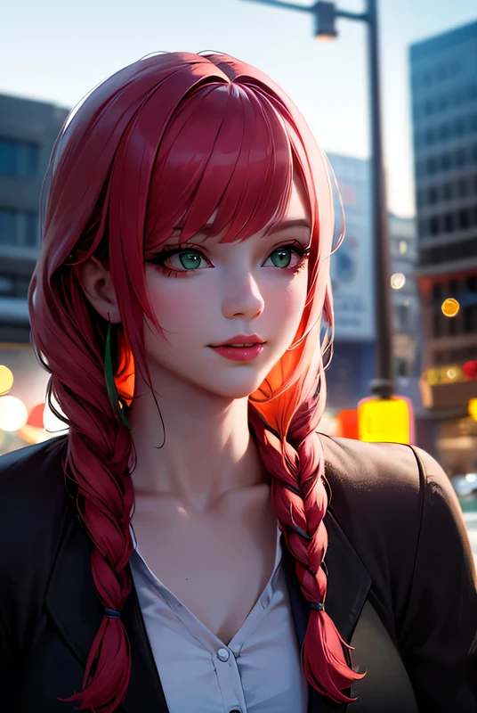 best quality, masterpiece, highres, 1girl, wearing a red goth outfit, confident smile, closed mouth, glossy lips, braided red long hair, detailed beautiful green eyes,detailed eyelash, Beautiful face,upon_body, tyndall effect,photorealistic, rim lighting, two tone lighting,(high detailed skin:1.2), 8k uhd, dslr, soft lighting, high quality, volumetric lighting, candid, Photograph, high resolution, 4k, 8k, Bokeh, in downtown, afternoon