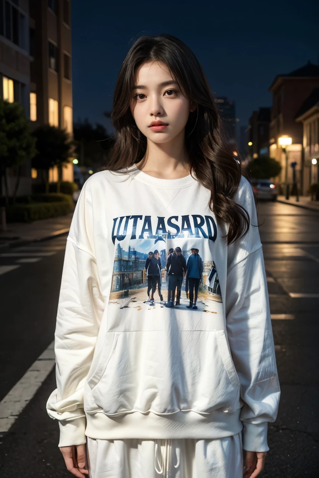 8k, One girl, beautiful, Messy Hair, white Extra large size sweatshirt, Extra large size_shirt, Sweat pants, Night Street, close, View the viewer, (Realistic:1.2), (Ultra-realistic:1.3), (Very detailed:1.1), ((masterpiece)),