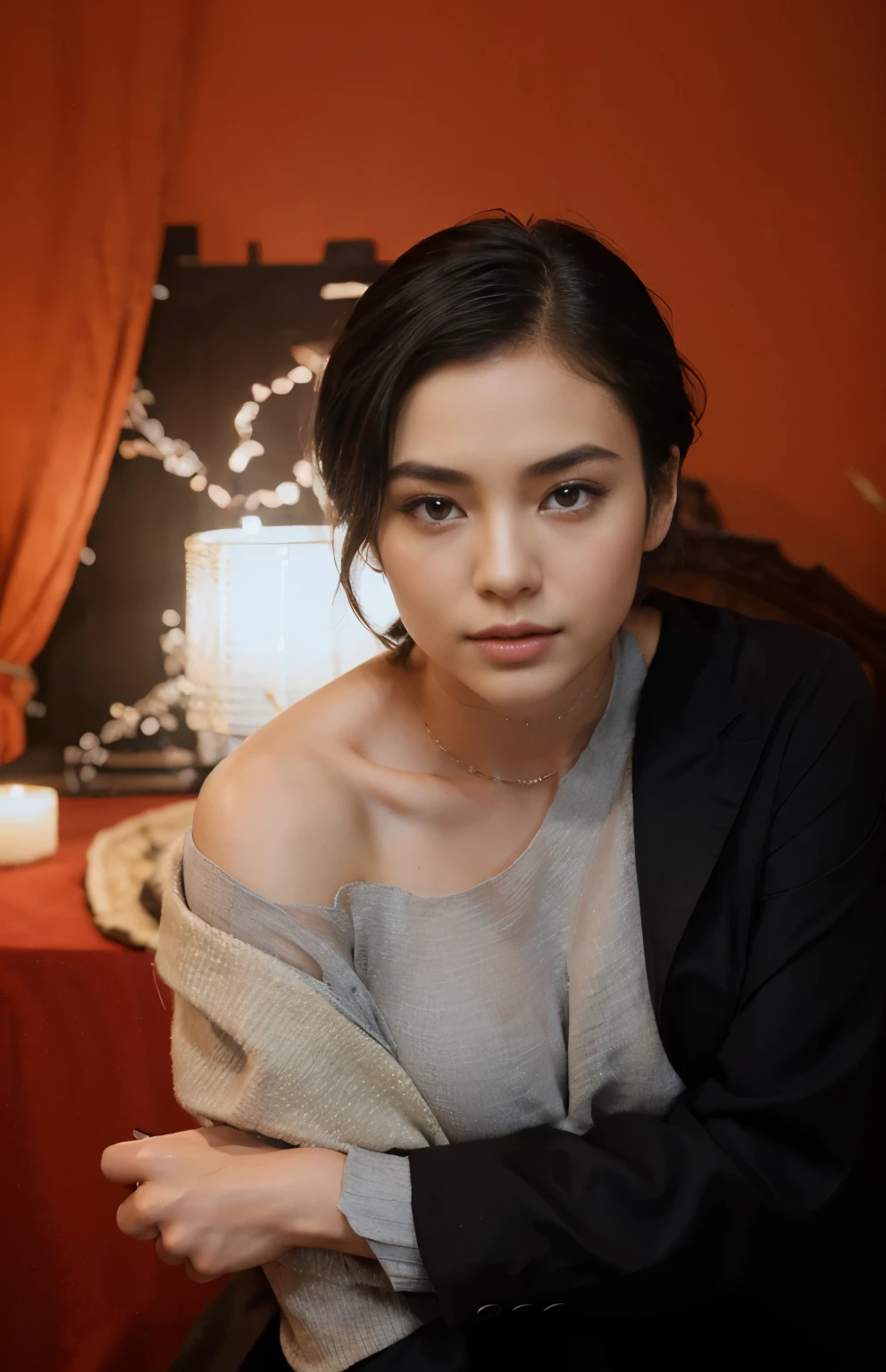 (Best quality, 8k, 32k, Masterpiece, UHD:1.2) "Generate a captivating artwork featuring a young Japanese girl model with short, sleek black hair styled in a chic bob haircut. Envision her bathed in dramatic cinematic lighting, creating an atmosphere of allure and mystery. Emphasize a romantic aesthetic vibe, showcasing the model in a poised and elegant pose that evokes a sense of intimacy and sophistication. Utilize warm and soft tones to enhance the romantic ambiance, and consider incorporating elements like flowing fabrics or flowers to add a touch of ethereal beauty. Capture the essence of romance and beauty through the model's expression, the play of light and shadows, and the overall aesthetic, creating a visually compelling and emotionally resonant piece." (perfect eyes), flawless skin, flawless face, cinematic, tight body, ((well-proportion female hands)), ((female hands with five digits))