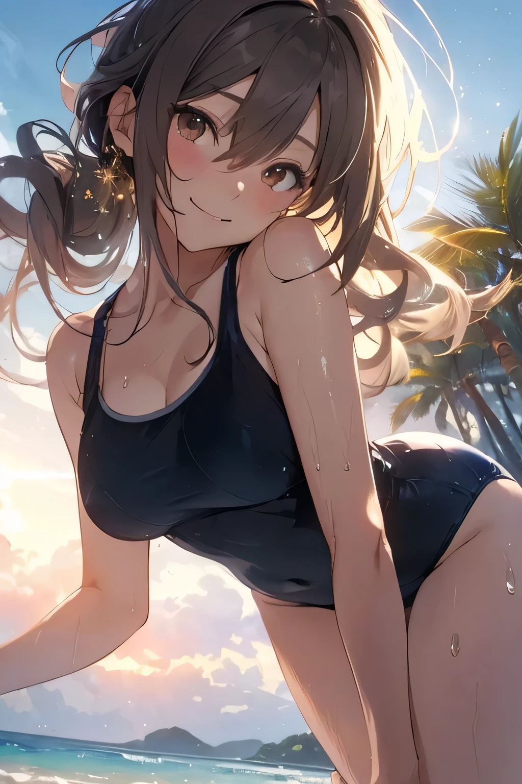 (masutepiece), (Best Quality), hyper detailed illustration,beautiful artwork,(Extreme Detail CG Unity 8K wallpaper、masterpiece、top-quality)、(exquisite lighting and shadow、highly dramatic picture、cinematic lens effects)、One girl in school swimsuit standing beach, black long haired girl beautiful Girl, CG Art, anime style 4 k, Seductive Girl, 4k wallpaper, attractive girl, beautiful Girl, beautiful alluring Art styles, ,Wake up with water,Wet,(Evil smile),Brown eyes,Wide blue sky,(Tsurime),(straggling hair),Saw,(Wet),poneyTail,(on the beach),beach side,(light sparkles),(light particles),(strong light coming in),(head tilt),(from below),
