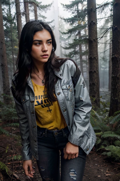 Victoria Moroles, Hayden Romero, Teen Wolf, 18 years old, short messy black hair, brown eyes, yellow blouse, open blue jean jacket, black jeans, black combat boots. silver pendant, white wolf print. Forest background with fog aura around black color.