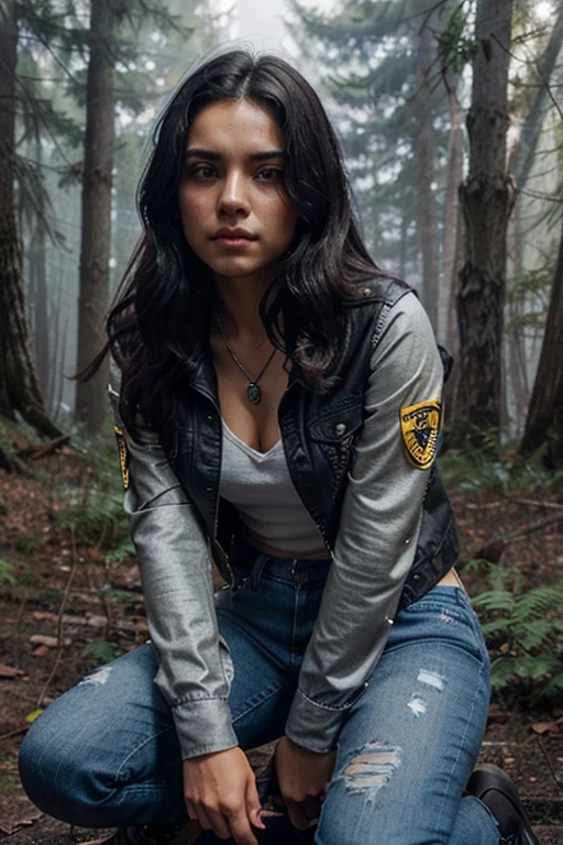 Victoria Moroles, Hayden Romero, Teen Wolf, 18 years old, short messy black hair, brown eyes, yellow blouse, open blue jean jacket, black jeans, black combat boots. silver pendant, white wolf print. Forest background with fog aura around black color.