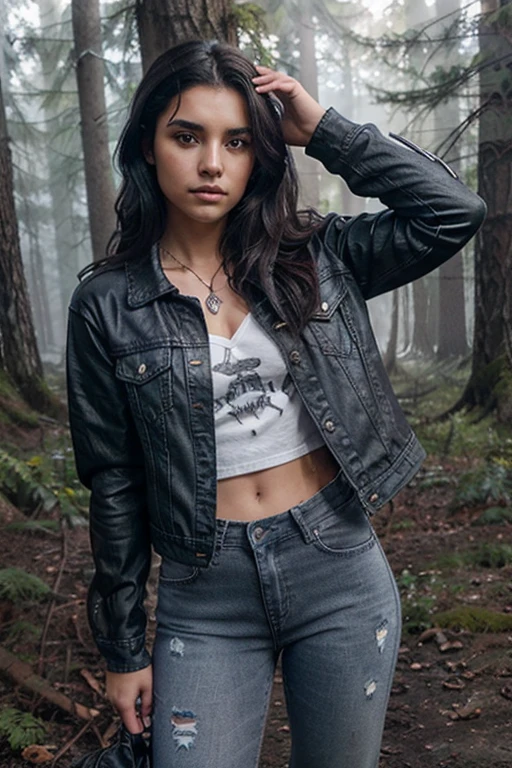 Victoria Moroles, Hayden Romero, Teen Wolf, 18 years old, short messy black hair, brown eyes, yellow blouse, open blue jean jacket, black jeans, black combat boots. silver pendant, white wolf print. Forest background with fog aura around black color.