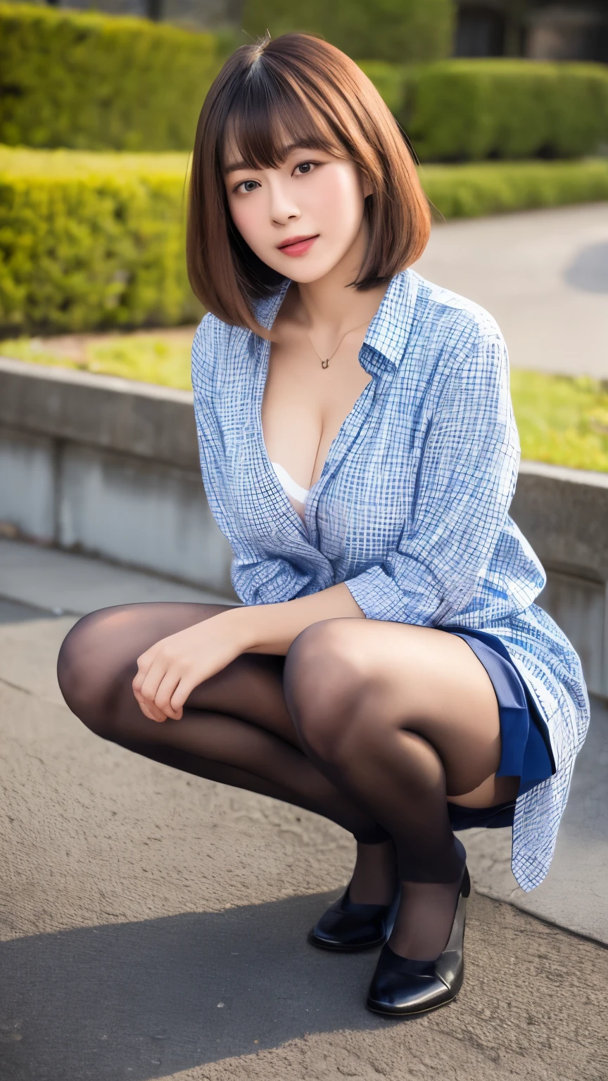 （8k、Raw photo、highest quality、masterpiece:1.2),(美しいリアルなJapanese women、squat,With legs wide open),(Long Bob Cut),Staring straight ahead,strong,erotic,student,Light 青 Bra,Beautiful Skin,(Black Pantyhose),Absurd,Perfect Anatomy、Beautiful limbs,Part your bangs down the middle、The forehead is visible,(Embarrassed)、masterpiece、A high resolution,Raw Panties,one person, solo,whole body、cute、student,ＪＫ ,high school girl,Japanese women,standing,（Photorealistic:1.37）、Photon Mapping,Realistic、cute顔,Brown eyes、Black socks、(Red bow tie)、Radio City、Physically Based Rendering、Professional photos、Depth of written boundary、Blurred Background,Beautiful body,Beautiful feet, Long legs, Thin legs,Tie your 髪 into one strand on your chest,(I can see the bangs), Brown Hair, Clear Eyes, Nose Soft,(Light blue shirt), (Navy, blue and white checkered pleated skirt), See-through clothing,, thigh, black cotton socks,Nogizaka Idol, , Japanese Landscape、Big ample breasts:1.6、Cleavage、Unbutton your shirt to reveal your chest、(The detailed shape of a woman&#39;s pubic hair is clearly visible: 1.4), Masturbation Girl，whole body写真、Roll up the skirt yourself、Supermodel、loafers、School classroom、Sit on the desk and spread your legs、Black 膝e-high stockings、Black 膝e-high socks、Park bench、White panties,gravure、