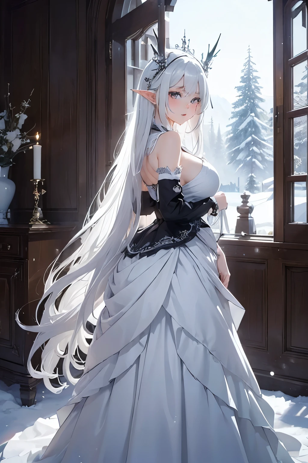 (masterpiece: 1.5), best quality, wintry snow forest, enchanting magic forest, snow-capped medieval castle, a heavenly place, with expressive eyes and a perfect face, 1 elegant elf girl, adorned with white hair cascading down her back, long and flowing, her black eyes glistening with a melancholic expression, curvilinear features accentuated by a sweeping dress that highlights her big boobs, skinny waist, and big hips. A touch of lip gloss adds a sensual allure to her mature and attractive appearance. Dressed in a chic modern Y2K outfit, she exudes a bimbo-like charm, yet
