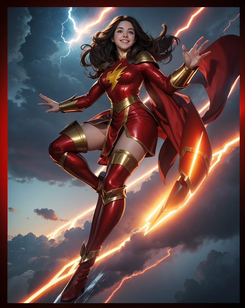 The character Mary Marvel, beautiful face, beautiful smile, perfect red costume, smooth curves, lightning and thunder in the background...