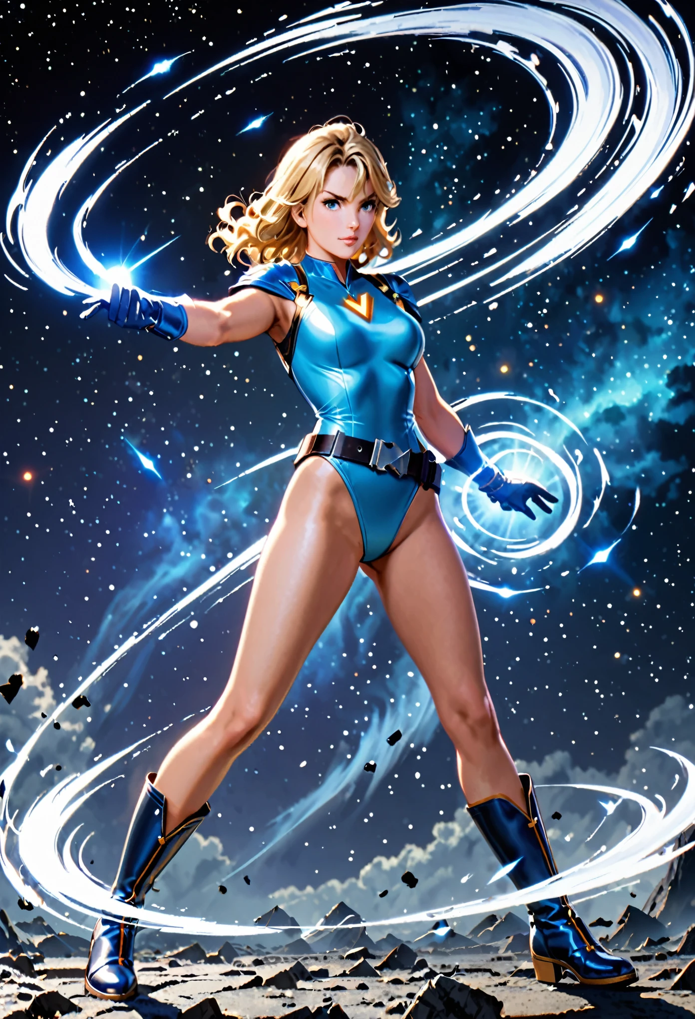 1girl, medium breasts, ((leotard, highleg leotard, light blue leotard)), (lighting bolt emblem on chest), (bare legs), (fastened tight belt), boots, matching boots, gloves, space backdrop, solo, single, standing, full body shot, cowboy shot, superhero, beautiful detailed eyes, power, blonde hair, (short hair), wavy hair, mature lady, teacher, (spins fast) in place like a (tornado), wind swirls, rapid gyration, girl tornado (spinning), girl turning to a whirlwind, outstretched arms, perfect body, (perfect hands), (curved sword slash)