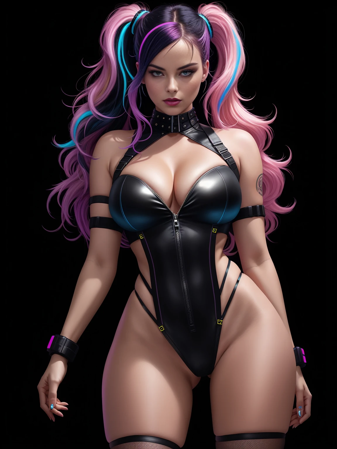 there is Margot Robbie, navy blue and bright purple neon streaked hair, hair in pony tail, 3 d neon art of a womans body, neon-noir background, cyberpunk femme fatale, seductive cyberpunk dark fantasy, cyberpunk strip clubs, cyberpunk 20 y. o model girl, oppai cyberpunk, banner, high definition cgsociety, cgsociety masterpiece, trending on cgstation, kda, random hair, looking at camera, gigantic breasts, cleavage, (high detailed skin:1.2), 8k uhd, dslr, super lighting, high quality, film grain, high res, highly detailed, hyper realistic, beautiful face, beautiful body, beautiful eyes nose lips, alluring expression, very bold, upper visible, full body photo, standing legs apart, pale translucent glowing skin, most beautiful face, cute, (well defined pubic hair:1.2)), (dark plain black background:1.4))