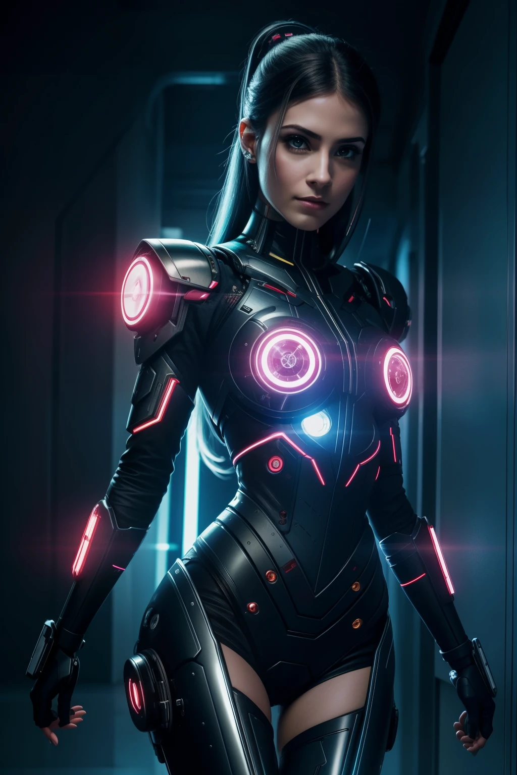 garota selvagem. Beautiful cyborg anthropomorphic girl. Detailed view flashy hallway light show bright lights rbg red details insane cyber sex rough sex