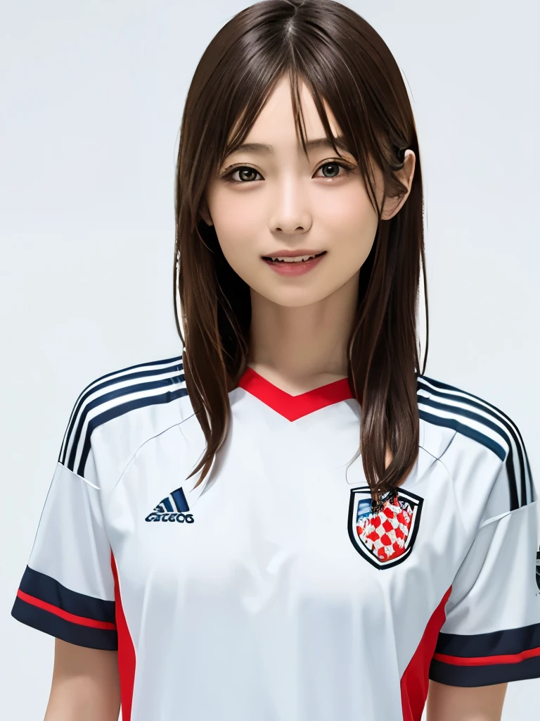 (highest quality、8k、32k、masterpiece)、(Realistic)、(Realistic:1.2)、(High resolution)、Very detailed、Very beautiful face and eyes、1 girl、Round and small face、Tight waist、Delicate body、(close、highest quality、Attention to detail、Rich skin detail)、(highest quality、8k、Oil paints:1.2)、(Realistic、Realistic:1.37)、Bright colors、(((Brown Hair)))、(((Upper Body Shot)))、(((Long Hair)))、(((White wall background)))、(((Happy expression)))、smile、(((Brown HairのLong Hair)))、(((Soccer uniforms)))、(((青と白のSoccer uniforms)))、Blue uniform、touching my head
