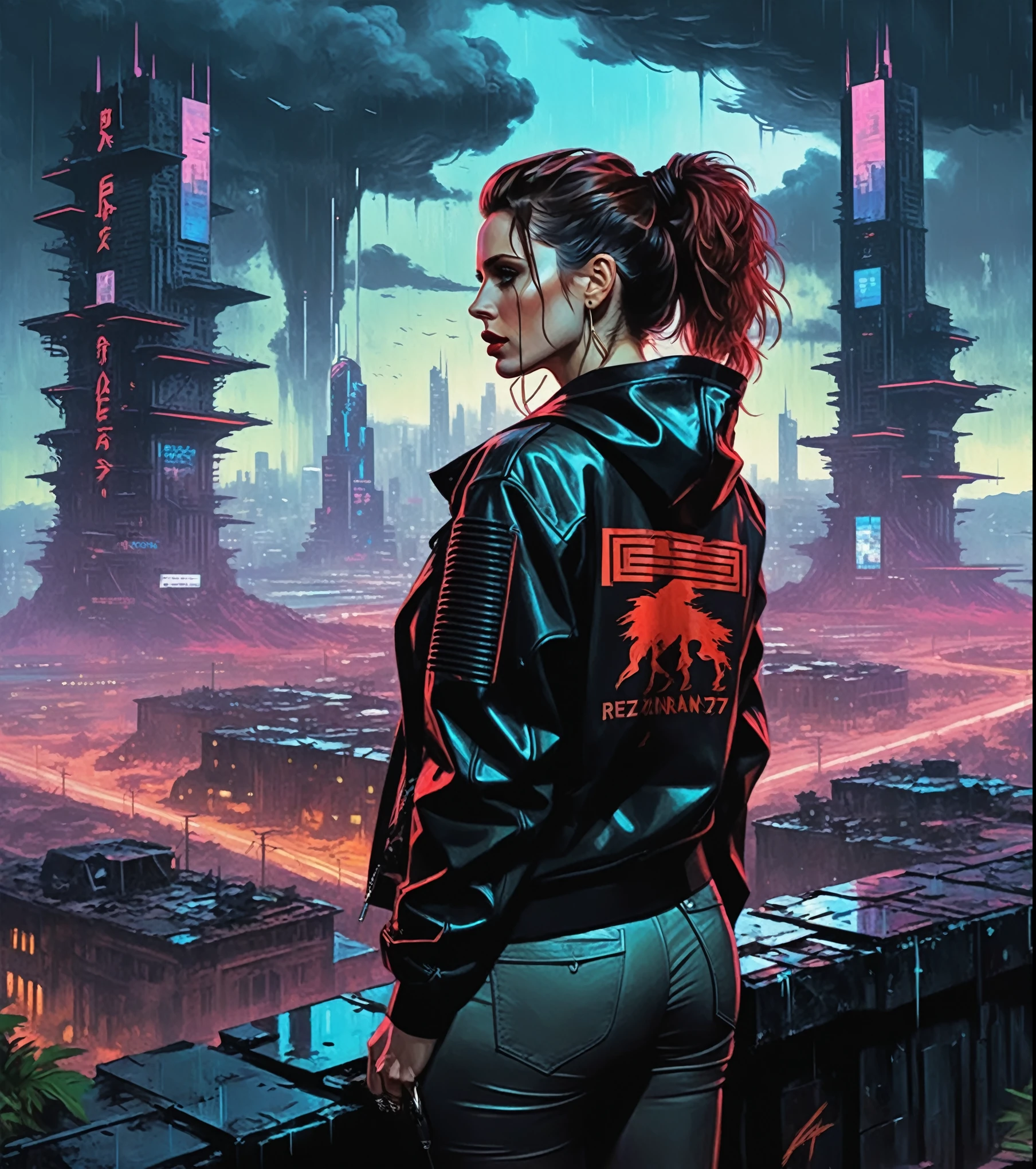 (Felicity Jones,a girl with a beautiful face), nighttime, cyberpunk city, dark, raining, neon lights, ((Wearing a blazer over a hoodie)), blazer, hoodie,(cyberpunk 2077 cityscape), (SZ_4poXL enviroment,neowrsk,gaint,huge ), cyberpunk 2077, cyberpunk, synthwave, 1980s, futurism, brutalism, neuromancer, cinematic photo,, standing in the distance,,Amid the ruins of a once-majestic fortress, a soldier pauses, her silhouette ghostly against the backdrop of shifting terrains that oscillate between detailed battle maps and molten landscapes, Tornado, Barren trees, Menacing,,detailed hair, mohawk, red hair,((art by RezsQ Blint))