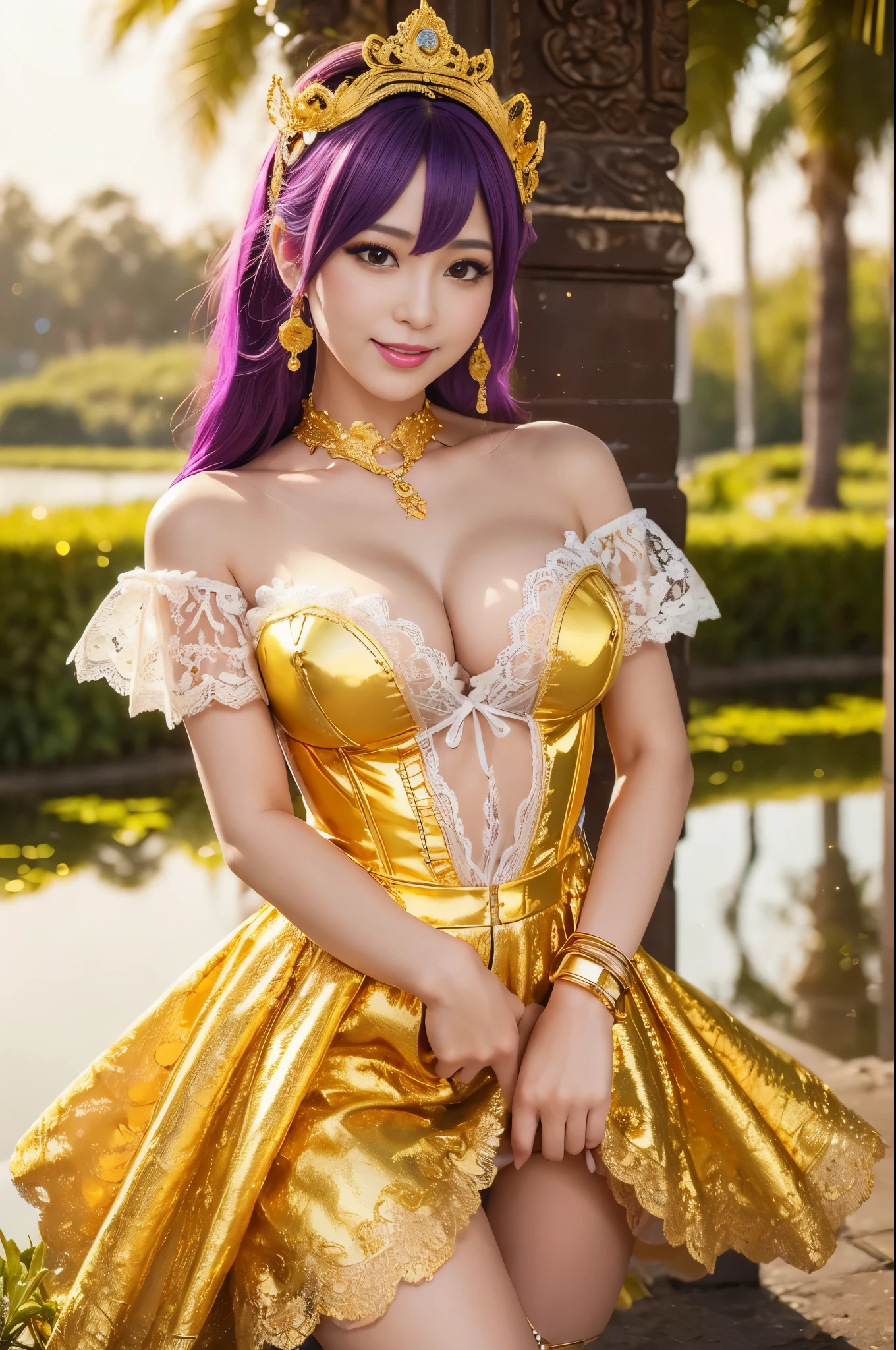 (nsfw), sexy golden Thai princess, only 1 female, ((doll-like appearance)), short neon purple stylish hair, ((shiny Victorian-Style boots)), (big smile), ultra detailed eyes, vivid golden eye makeup, lipgloss, long lashes, defined eyebrows, ((sexy golden Paradise Kiss cosplay)), bell-shaped skirt, petticoats, high neckline, puffed sleeves, ((ultra detailed golden lace)), ((ultra detailed golden embroidery)), intricate details, golden Paradise Kiss accessoires and matching golden headpiece, golden choker, ((large sparkling golden Paradise Kiss jewelry)), cinematic light, detailed large park background with trees