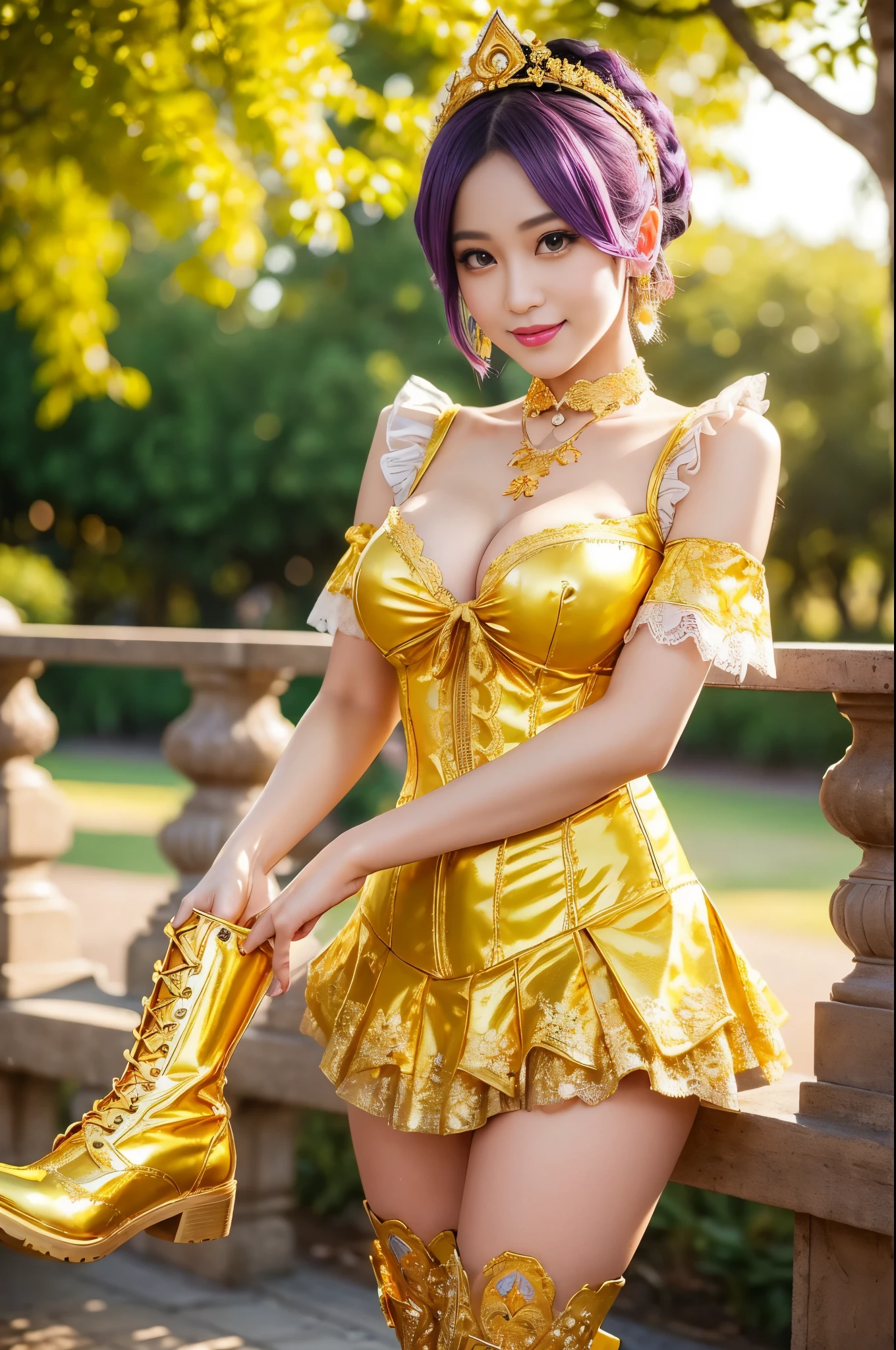 (nsfw), sexy golden Thai princess, only 1 female, ((doll-like appearance)), short neon purple stylish hair, ((shiny Victorian-Style boots)), (big smile), ultra detailed eyes, vivid golden eye makeup, lipgloss, long lashes, defined eyebrows, ((sexy golden Paradise Kiss cosplay)), bell-shaped skirt, petticoats, high neckline, puffed sleeves, ((ultra detailed golden lace)), ((ultra detailed golden embroidery)), intricate details, golden Paradise Kiss accessoires and matching golden headpiece, golden choker, ((large sparkling golden Paradise Kiss jewelry)), cinematic light, detailed large park background with trees