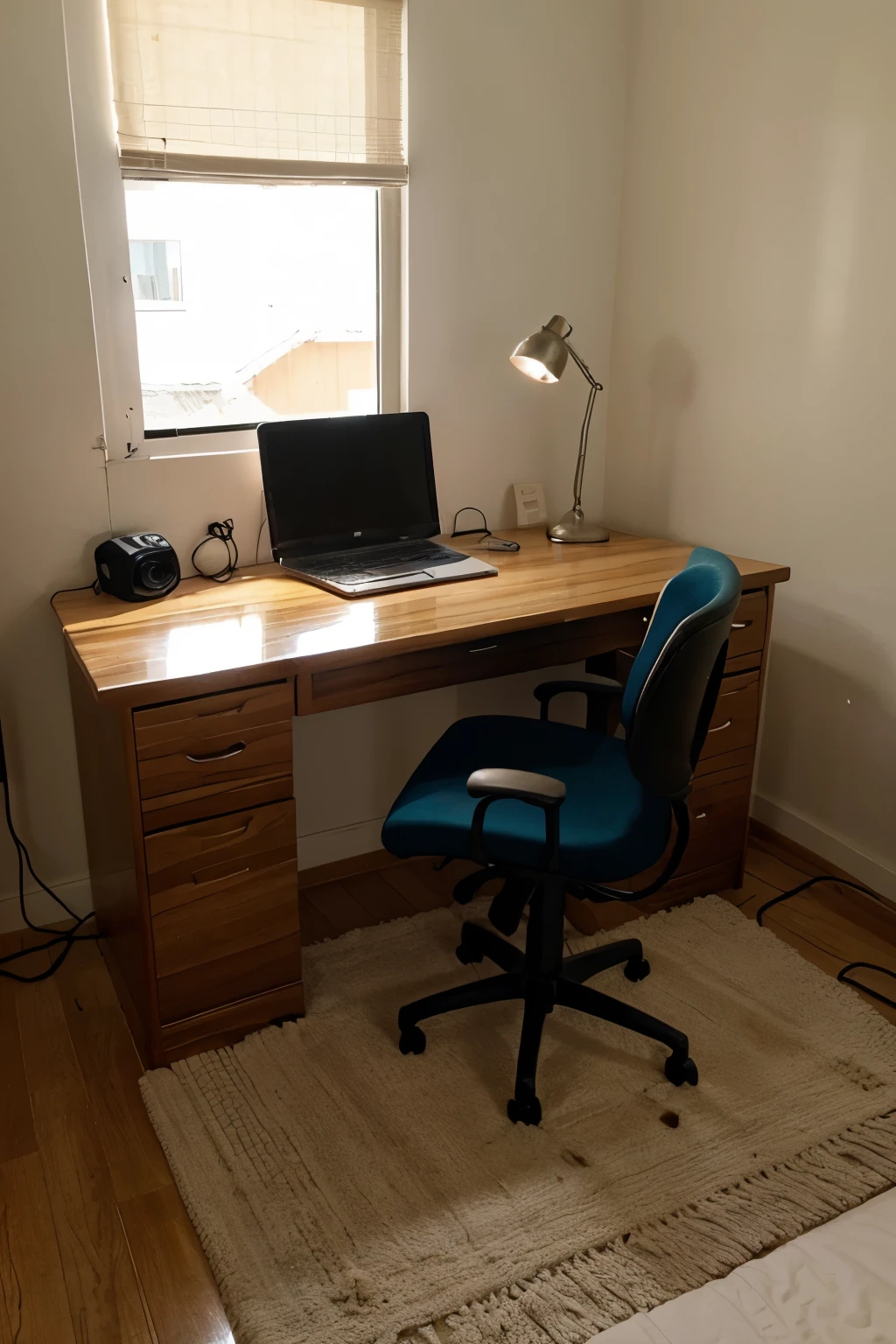 1. my bed is **al lado de** la ventana.
2. My window is on the upper wall, behind the bed.
3. : My desk is between the bed and the door, en la pared inferior.
4. My door is on the bottom wall, al lado de la esquina derecha.
5. My rug is under the bed.
6. My lamp is on the desk.
7. My chair is in front of the desk.
