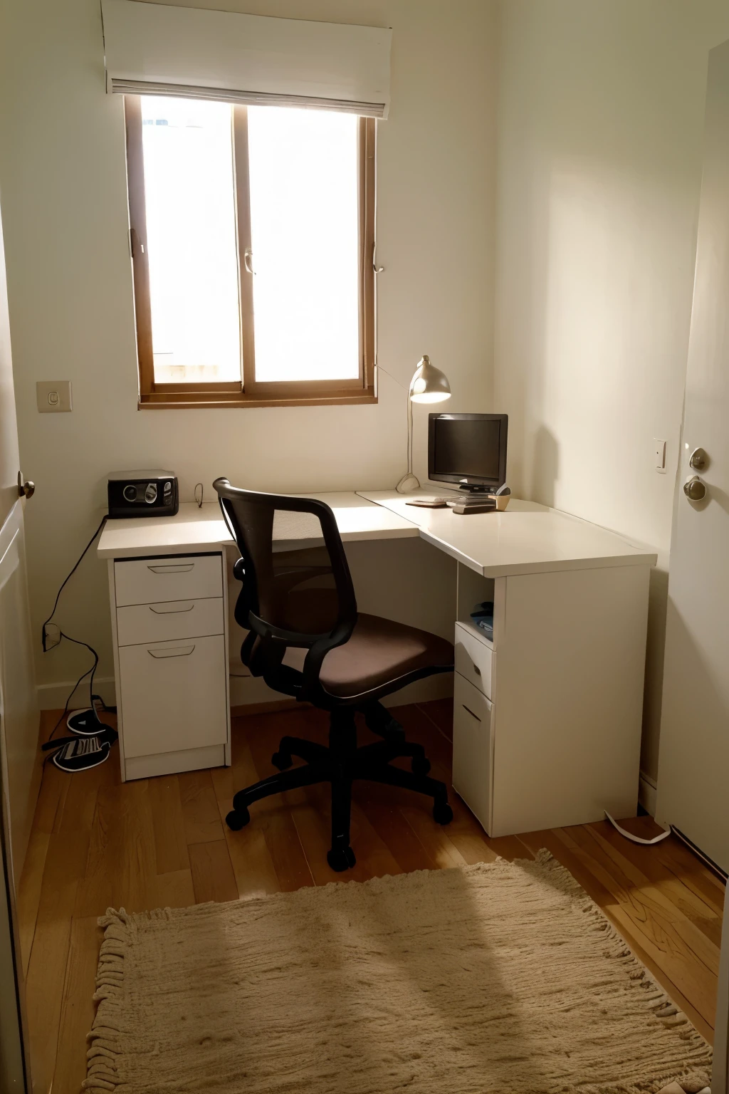 1. my bed is **al lado de** la ventana.
2. My window is on the upper wall, behind the bed.
3. : My desk is between the bed and the door, en la pared inferior.
4. My door is on the bottom wall, al lado de la esquina derecha.
5.  My rug is under the bed.
6.  My lamp is on the desk.
7. My chair is in front of the desk.