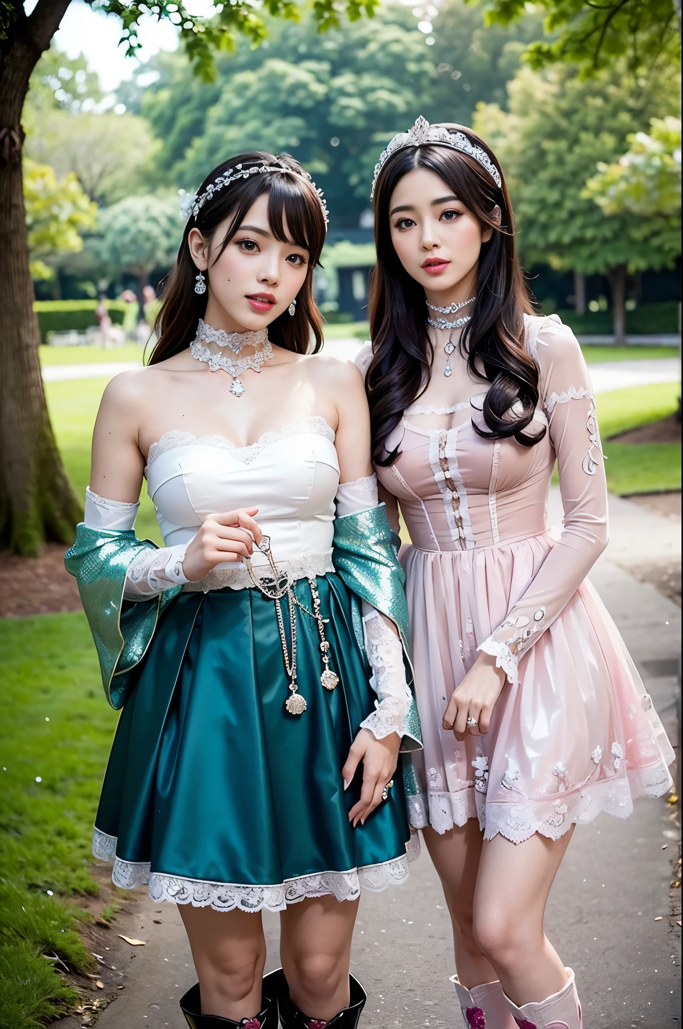 (nsfw), sexy golden Thai princess, only 1 female, ((doll-like appearance)), short neon pink stylish hair, ((shiny Victorian-Style boots)), (big smile), ultra detailed eyes, vivid eye makeup, lipgloss, long lashes, defined eyebrows, ((sexy Paradise Kiss cosplay)), bell-shaped skirt, petticoats, high neckline, puffed sleeves, ((ultra detailed lace)), ((ultra detailed embroidery)), intricate details, Paradise Kiss accessoires and matching headpiece, choker, ((large sparkling Paradise Kiss jewelry)), cinematic light, detailed large park background with trees