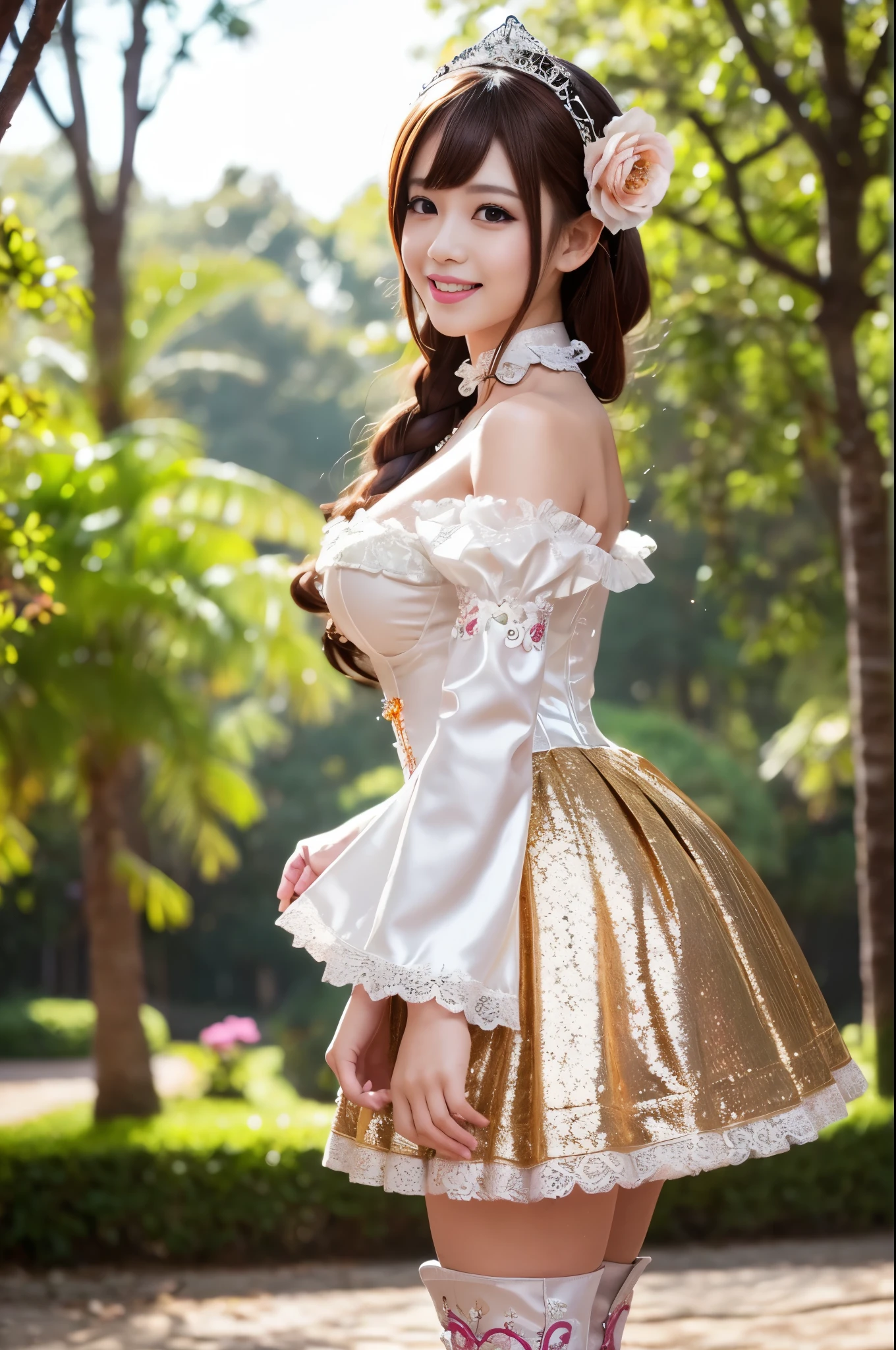 (nsfw), sexy stylish Thai model, only 1 female, ((doll-like appearance)), short Auburn stylish hair, ((shiny Victorian-Style boots)), (big smile), ultra detailed eyes, vivid eye makeup, lipgloss, long lashes, defined eyebrows, ((sexy Paradise Kiss cosplay)), bell-shaped skirt, petticoats, high neckline, puffed sleeves, ((ultra detailed lace)), ((ultra detailed embroidery)), intricate details, Paradise Kiss accessoires and matching headpiece, choker, ((large sparkling Paradise Kiss jewelry)), cinematic light, detailed large park background with trees