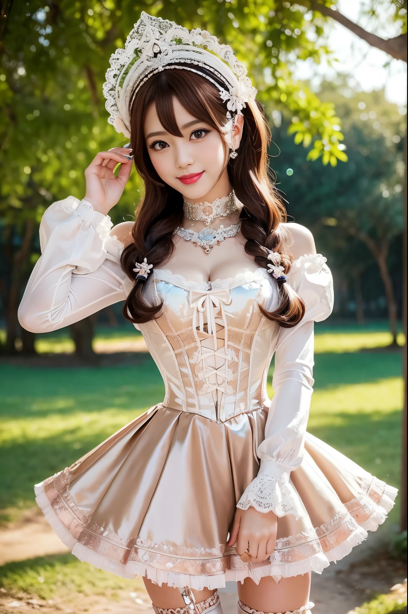 (nsfw), sexy stylish Thai princess, only 1 female, ((doll-like appearance)), short Auburn stylish hair, ((shiny Victorian-Style boots)), (big smile), ultra detailed eyes, vivid makeup, lipgloss, long lashes, defined eyebrows, ((sexy Paradise Kiss cosplay)), bell-shaped skirt, petticoats, high neckline, puffed sleeves, ((ultra detailed lace)), ((ultra detailed embroidery)), intricate details, Paradise Kiss accessoires and matching headpiece, choker, ((large sparkling Paradise Kiss jewelry)), cinematic light, detailed large park background with trees