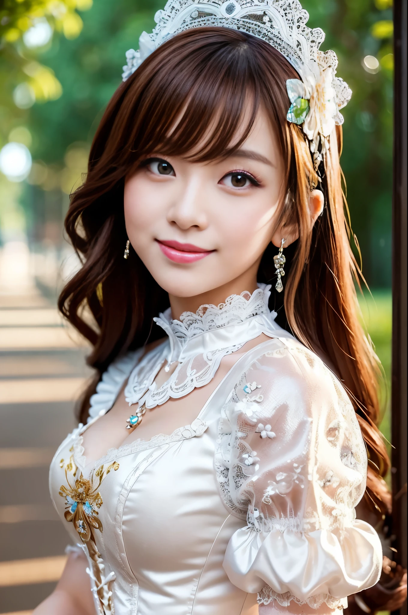 (nsfw), sexy stylish Thai princess, only 1 female, ((doll-like appearance)), short Auburn stylish hair, ((shiny Victorian-Style boots)), (big smile), ultra detailed eyes, vivid makeup, lipgloss, long lashes, defined eyebrows, ((sexy Paradise Kiss cosplay)), bell-shaped skirt, petticoats, high neckline, puffed sleeves, ((ultra detailed lace)), ((ultra detailed embroidery)), intricate details, Paradise Kiss accessoires and matching headpiece, choker, ((large sparkling Paradise Kiss jewelry)), cinematic light, detailed large park background with trees