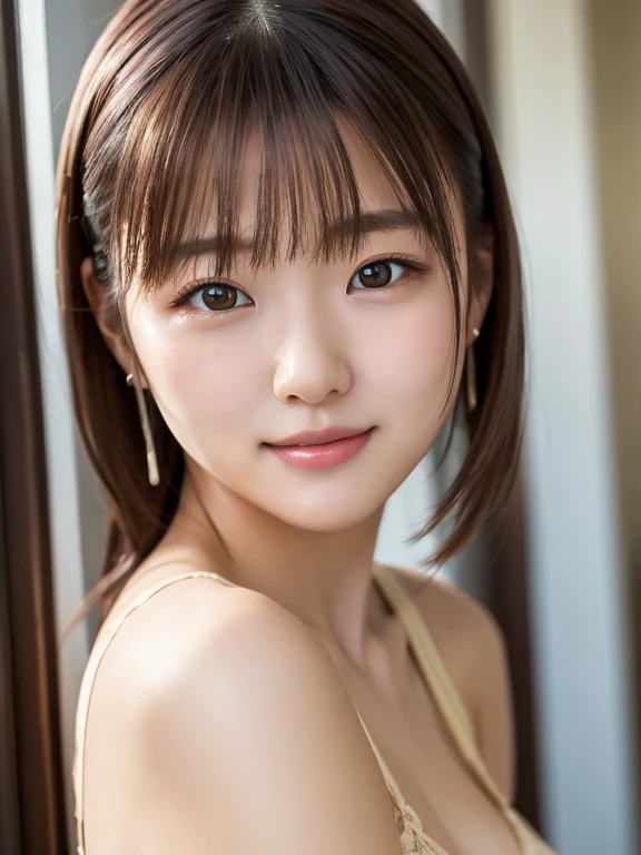 masterpiece, highest quality, 8k, (Upper Body:1.4), young, (:1.2), Round face, One Japanese woman, Pretty Ladies Room, beautiful girl, Pretty face, (Camera line of sight 1.4), (To the camera:1.4), smile, Ultra-realistic, High resolution, photograph, Sharp focus, High resolution, Face Light, Dynamic Lighting, Cinema Lighting, Professional Shadow, Best details, Very detailed, Very detailed, finely, Real Skin, Delicate facial features, Detailed face and eyes, high school girl, In beige underwear