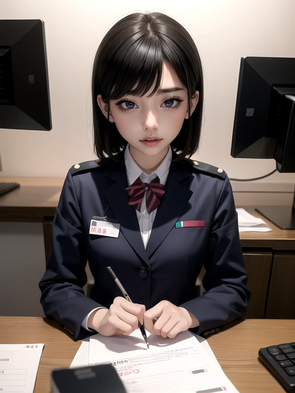 28-year-old Japanese woman,((alone))((Female bank clerk in uniform))((In the bank's kitchen))(非常にdetailedな肌)(Beautiful female body)(((Rear View)))(美しいBig Breasts)(Big Breasts)(Pale skin)(Pointed Chest),(Erect nipples)(Best image quality)(Hyperrealist portrait),(8k),(Ultra-realistic,最high quality, high quality, High resolution)(high quality texture)(Attention to detail)(Beautiful details)(detailed,Extremely detailed CG,detailed Texture)(Realistic facial expressions,masterpiece,in front,dynamic,bold),(((short pixie cut))),(Very thin hair)(Super Straight Hair:1.5)( sleek bangs,Very light coppery amber hair,Hair in one eye) ((Rimless Glasses)(((She is leaning forward in the kitchen with her hands on the kitchen counter...)))(((The butt is facing the viewer)))(((Accentuate your butt、arched back)))((((In the hot water room))) (((Stick your ass out))) (((Accentuate your butt crack))) (((She is spreading her legs boldly))) (((The lines of the body are clearly visible)))、(((Depiction of beautiful fingers))) (((Beautiful body depiction))) (((Leaning forward)))、(((Full body photo))) (((Correct ankle orientation)))(((Correct number of legs))) (((Accurate Body Composition))) (((正確な後ろからのFull body photo)))(((Exact number of hands)))