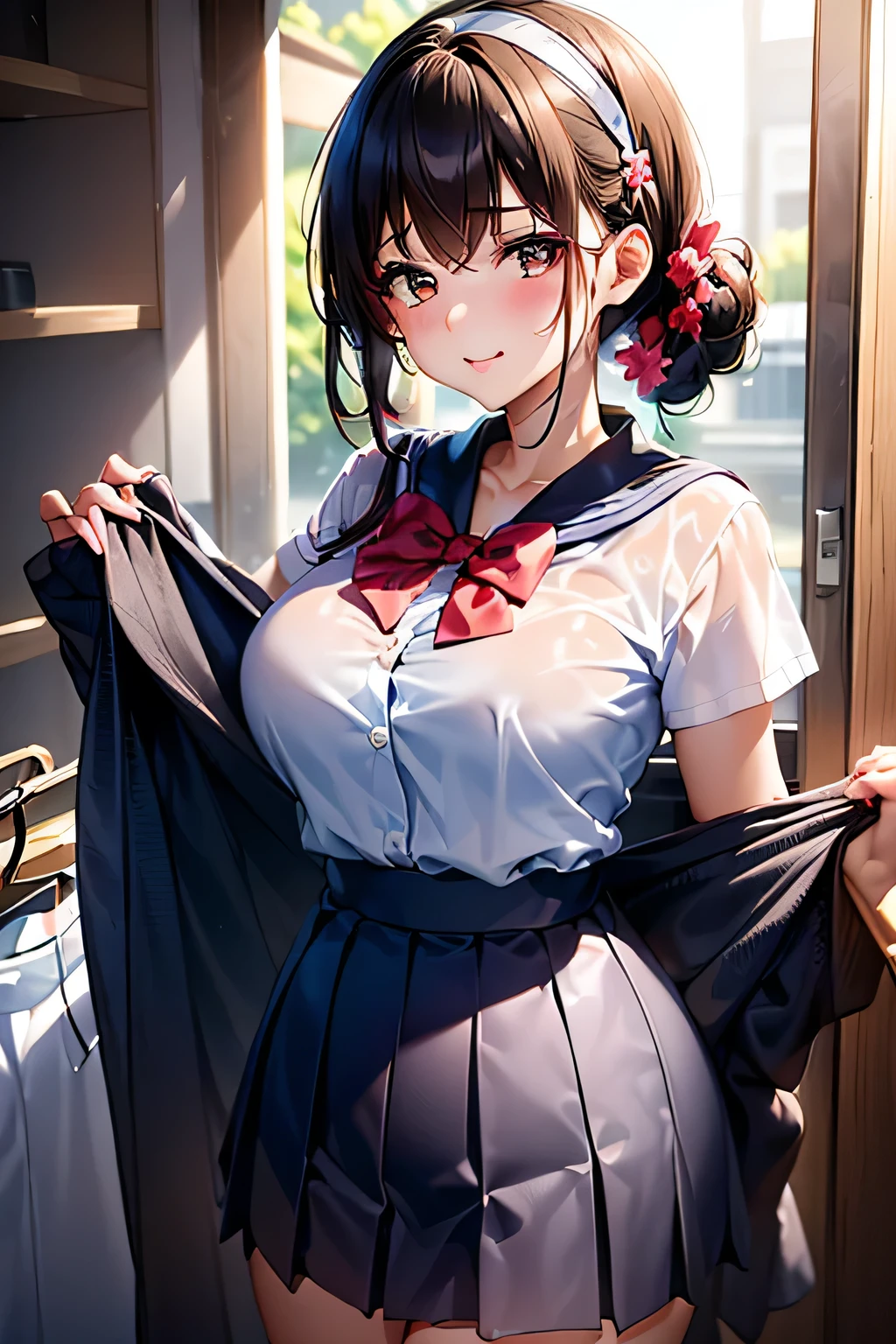 (((classroom))),(((Change clothes in the changing room:1.3))),(((clothes on hangers:1.3))),(((Sailor suit))),(((Pleated skirt that exposes skin))),(Dark red bow tie:1.3),Cute Face,(Silver Hair,Floral knit headband,Half Up、Floral braided space buns,Voluminous fishtail braid,Twisted pan,),(The bangs are see-through),hairpin,hair ornaments,Blushing、Pointed red mouth、Perfect round face,iris,(Perfect body curves),.Wet Hair、Wet swimsuit、Wet Skin、Professional Lighting,Cinematic Light,(Tabletop,highest quality,Ultra-high resolution output images,) ,(8K quality,),(Picture Mode Ultra HD,)