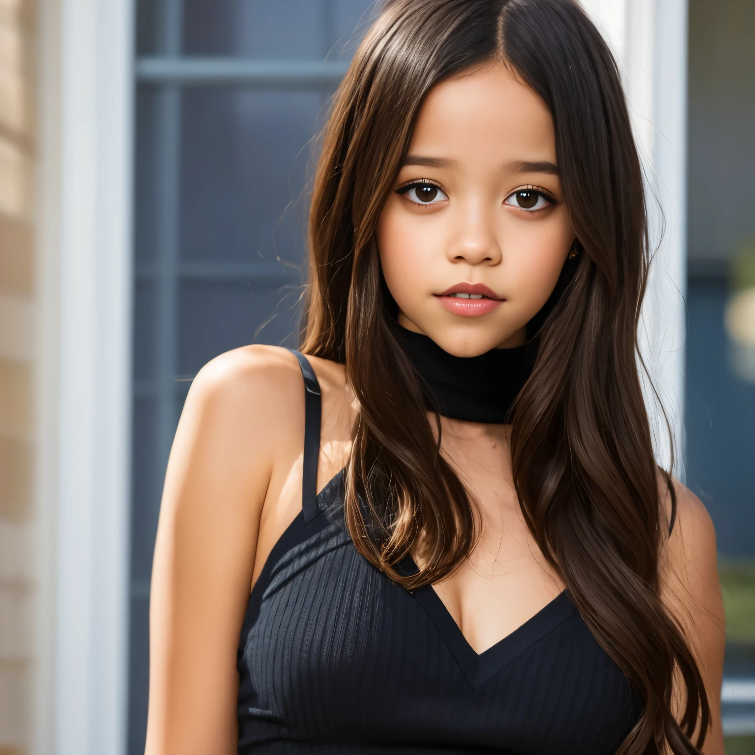 Photo portrait of Jenna Ortega, Ein atemberaubendes, detailed color portrait of (sks frau:1), wears a black turtleneck, epische Charakterkomposition, Von Ilya Kuvshinov, alessio albi, Nina Masic, scharfer Fokus, natural lighting, Untergrundstreuung, f2, 35mm, Filmkorn, 